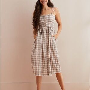 Aerie smocked Gingham Checkered Midi Dress with pockets